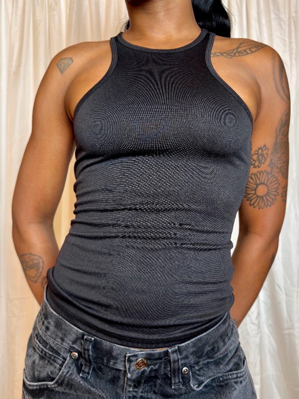H&M Black High Neck Ribbed Racerback Tank Top